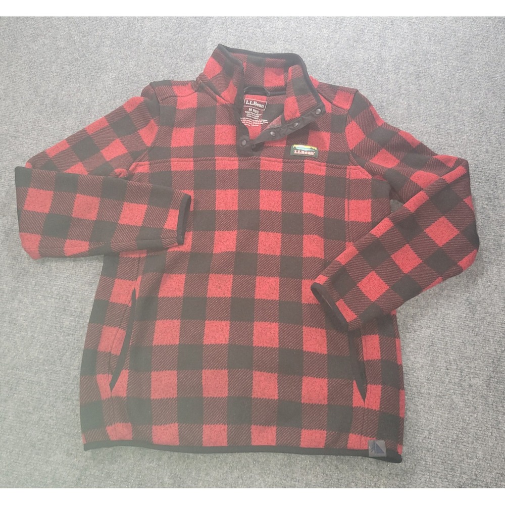 LL Bean Katahdin Fleece Pullover Red Black Buffalo Plaid Snap Mock Neck Medium